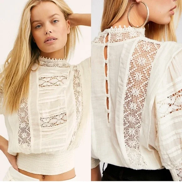 NWOT Free People Victorian Crochet Lace Ruffle 3/4 Sleeve Blouse Cottagecore - Picture 2 of 15